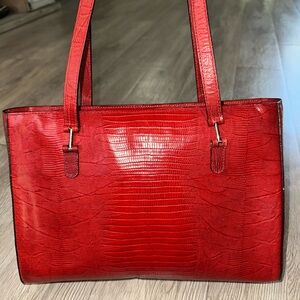 Ann Taylor Lipstick Red Croc Embossed Leather Satchel Tote Bag Purse